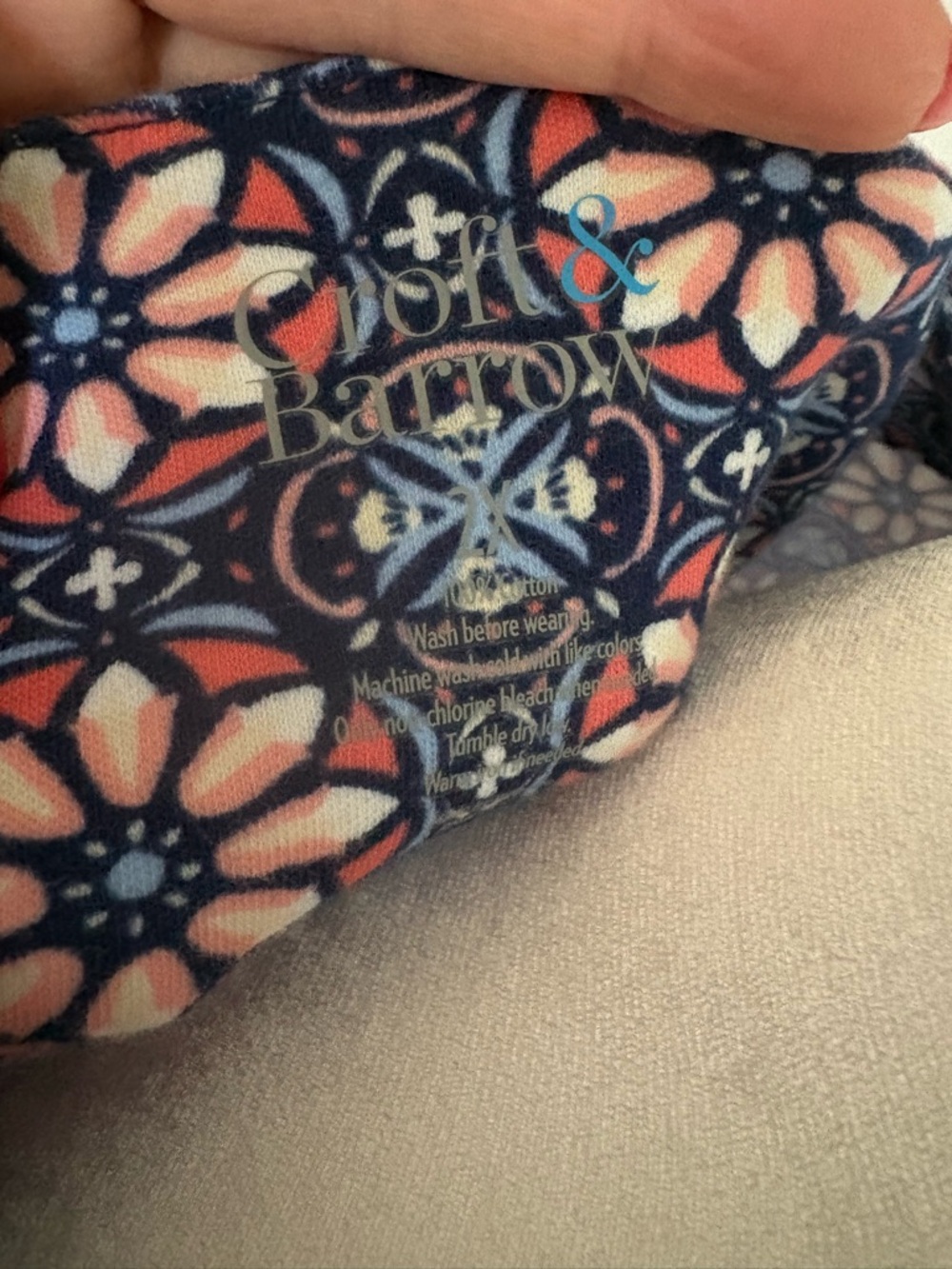 croft & barrow Navy Floral Geo Print Top with Coral and Light Blue Accents - Picture 2 of 2